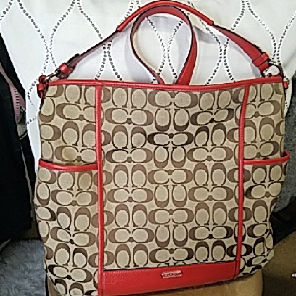 Coach F30341 Park Colorblock Leather Hobo Crossbody Bag Purse Red Orange Tan